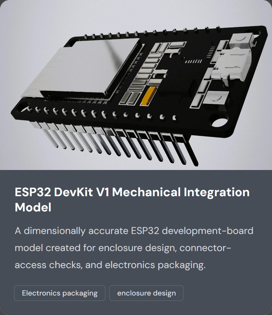 Screenshot of a project card from the same profile: ESP32 DevKit V1 Mechanical Integration Model